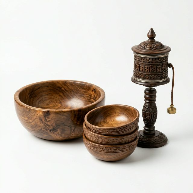 Hand-carved Ladakhi wooden bowls with Eight Auspicious Symbols