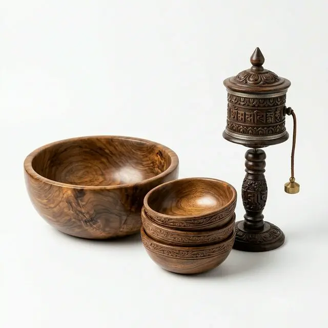 Hand-turned Ladakhi wooden bowl with Endless Knot carving