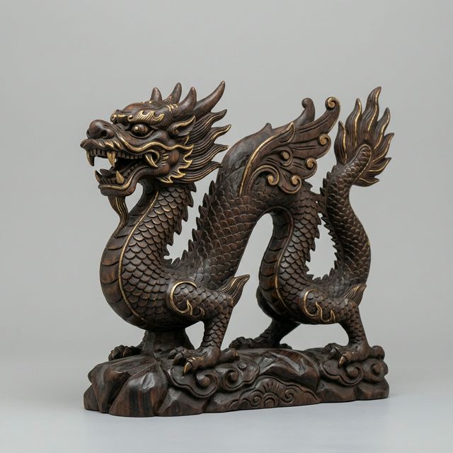 Hand-carved Ladakhi wooden dragon with traditional Buddhist Brug symbolism