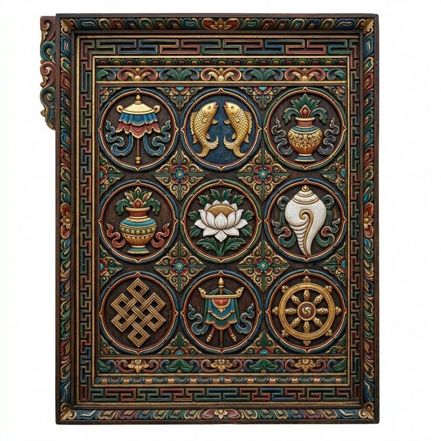 Hand-carved Ladakhi wooden handicraft panel with traditional Shingskos relief work